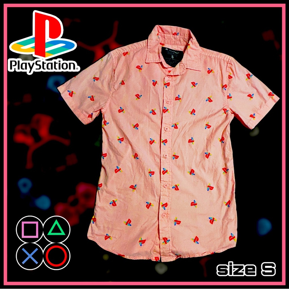 SONY PLAYSTATION pink short sleeve button down logo SHIRT size S